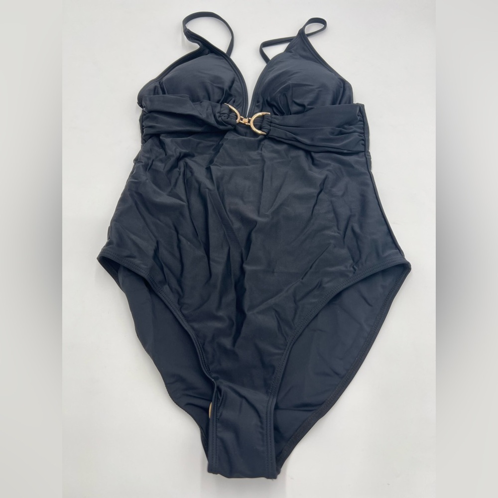 Womens‎ Black V-Neck One Piece Swimsuit Gold Hardware Medium NEW